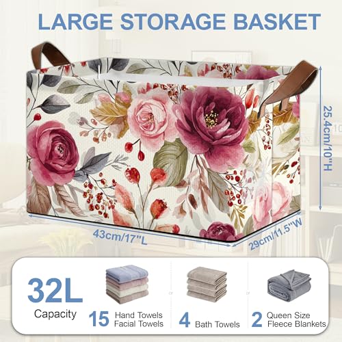Vintage Pink Flower Storage Baskets,Foldable Large Capacity Organizer Bins with Waterproof Lining and Leather Handles for Closet,Shelf,Bedroom 17x11.5x10Inch - color: Vintage Pink Flower
