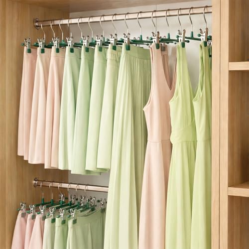 POZEAN Pants Hangers with Clips for Women 30 Pack, 12Inch Adjustable Heavy Duty Skirt Hangers, Space Saving Non-Slip Shorts Jeans Trousers Clothes Hangers, Green - color: Green, size: 30Pack