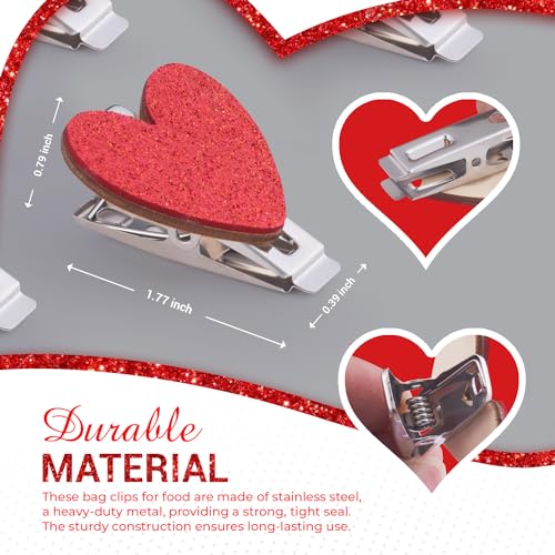 Bag Clips for Food Storage, Cute Glitter Red Heart Chip Clips, Stainless Steel, Multipurpose Clips, Can Be Use As Bread Bag Clips, Metal Clips for Paper, Or Mini Clothespins for Photos, 20 Clips