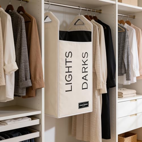TFLC Hanging Laundry Hamper Bag With Hanger, Dual Compartment, Beige - color: Beige, size: Dual Compartment