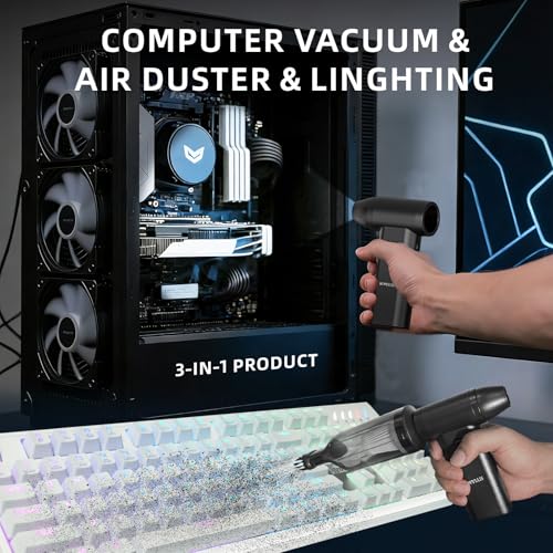 Electric Compressed Air Duster Vacuum Cleaner, LED Light 180000 RPM 5-Speed Handheld Mini Blower Storage Bag PC Cleaning Kit USB-C Rechargeable for Keyboard Home Outdoor Car BBQ Grill