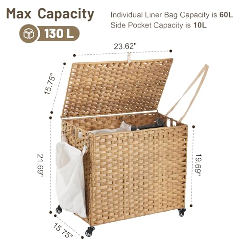Laundry Hamper with Wheels, 34.3 Gallon(130L) Rolling Laundry Basket with Lid, Removable Large 2 Color Liners & 3 Mesh Laundry Bags, Clothes Hamper with Side Pocket, Natural - color: Natural, size: 23.62"L x 15.75"W x 21.65"H