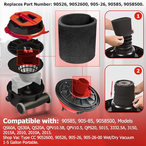 HASMX Small Foam Filter Sleeve Replacement for Shop Vac Type CC 9052600 90526 905-26 905-26-00 Wet/Dry Vacuum 1-5 Gallon Portable, Black (2-Pack)