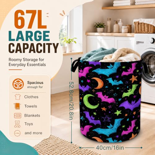 Colorful Bats Laundry Basket with Handles,Moon StarsFoldable Oxford Laundry Hamper,Collapsible Clothes Storage Basket for Laundry Room/Bathroom/Bedroom/Dormitories 20.8 x 16 Inches - color: Colorful Bats Moon Stars