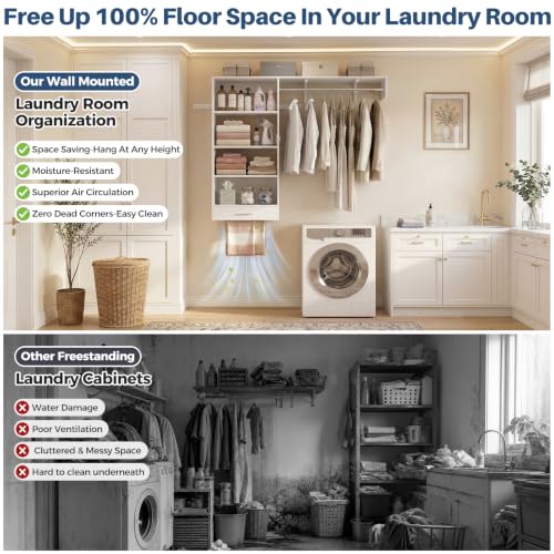 Armocity 60" Wall Mounted Laundry Room Organization with Pull-Out Towel Rack, 5FT Over Washer and Dryer Shelves with Hanging Rod and Storage Shelf, Wood Laundry Room Organization and Storage, White - color: White