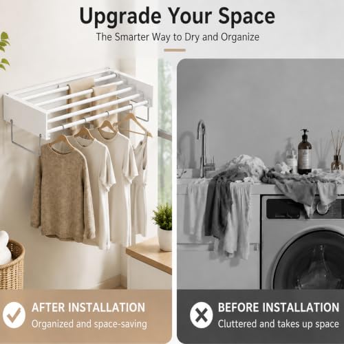 31.5in Wall Mounted Drying Rack Foldable Retractable 60lbs 5 Rods - size: 31.5inch