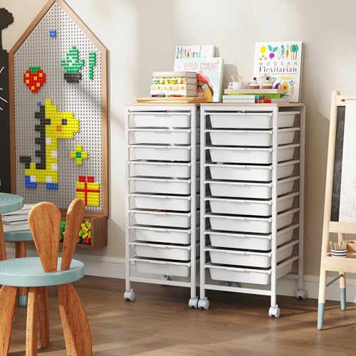Giantex Rolling Storage Cart with 10 Drawers, Utility Cart w/Wooden Tabletop, Lockable Wheels, Multipurpose Organizer for Art Craft Books Paper, Drawer Carts for Dorm Classroom Office, White - color: White, size: 10 Drawer-13"x14.5"x33.5"