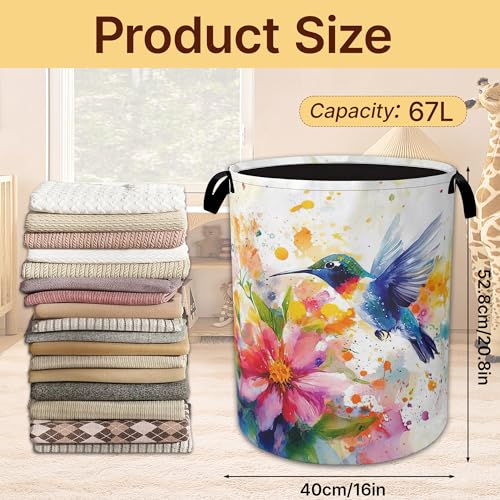 Hummingbird Laundry Basket Collapsible with Handles,Watercolor Flower Waterproof Oxford Cloth Hamper,16 x 20.8 Inch Storage Organizer for Bathroom Bedroom Dorm - color: Hummingbird,Watercolor Flower