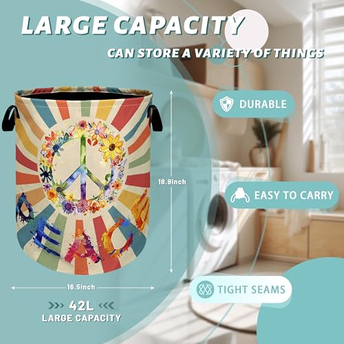 Hippie Peace Laundry Basket Foldable Oxford Cloth Hamper 18.9"x16.5" - color: Colorful Retro Hippie Peace