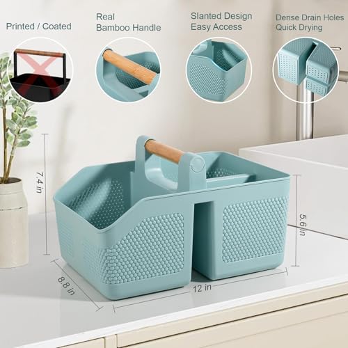 Plastic Shower Caddy Portable Shower Basket with Bamboo Handle, Blue - color: Blue