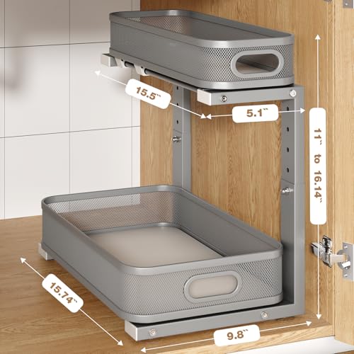 1 Pack 15.7IN-Depth Under Sink Organizer With Smooth Cylindrical Rail,2-Tier Pull Out Multi-Purpose Cabinet Storage for Bathroom&Kitchen,Height Adjustable,Rust-resistant Coating-Gun Gray - color: Gun Gray, size: 1 Pack-15.7"Dx11"-16.14"H
