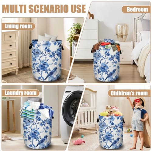 Blue Flower Bird Laundry Basket, Foldable Waterproof Laundry Hamper Tote Bag Dirty Clothes Storage Bucket Organizer for Bathroom/Laundry/Bedroom 15.7"x19.6" - color: Blue Bird Flower
