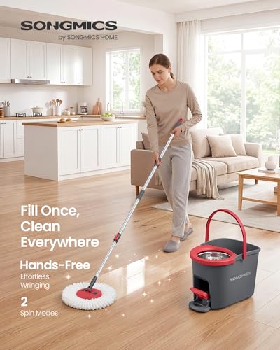 SONGMICS Spin Mop and Bucket Set with Pedal Wringer, 2 Microfiber Pads - color: Gray + Red, size: 2 Pads
