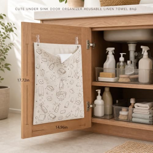 Cute Under Sink Door Organizer Reusable Linen Towel Bag Dish Rag Holder Wet Towel Hamper Cleaning Rag Storage for Kitchen Bathroom Cabinet Countertop Laundry