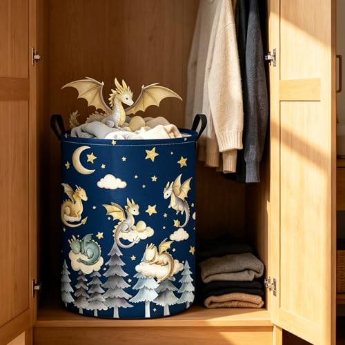 Round Dragon Print Waterproof Foldable Household Laundry Hamper - color: Round Cute Dragon