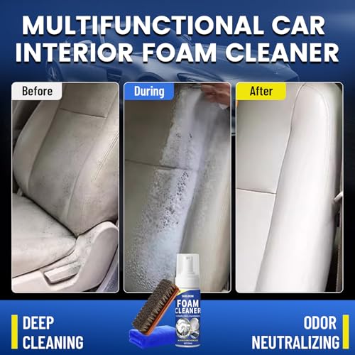 SHIELDOM Car Interior Foam Cleaner Multifunctional Car Seat Cleaner Powerful Carpet Upholstery Stain Remover Kit with Detailing Brush & Towel Safe for Cloth, Leather, Fabric, Vinyl & Plastic 5oz