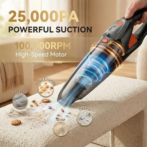 Handheld Vacuum Cordless, 25000Pa Powerful Suction Car Vacuum Portable Cordless with 8000mAh Battery & LED Light, Hand Held Vacuum Rechargeable with HEPA Filters, Home, Car Seats, Pet Hair Orange - color: Orange