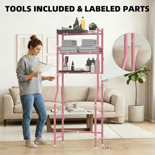 GloTika 3-Tier Over Toilet Storage, Anti-Tilt, 64" H, Pink - color: Pink, size: 3-Tier
