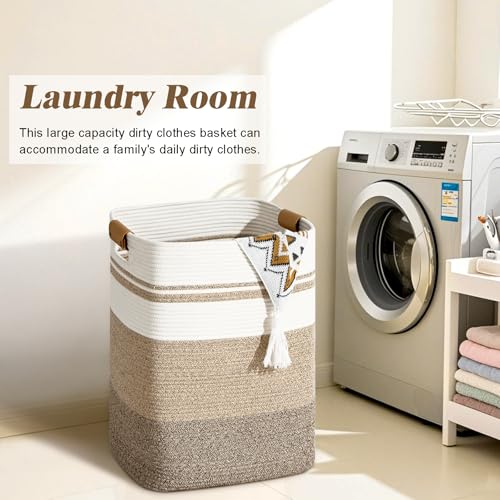 Laundry Hamper, 85L Tall Laundry Basket with Leather Handles, Rectangle Large Clothes Hamper for Organizing, Cotton Woven Laundry Baskets Storage Hampers for Bedroom, Nursery, Living Room - color: Jute & Rice Brown, size: 85L