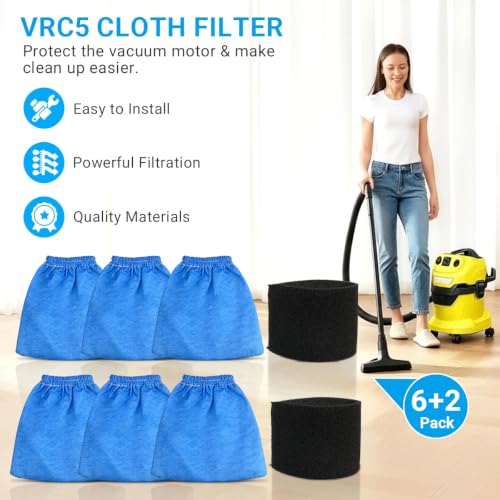 6 Pack VRC5 Filter Bags Fit for Vacmaster 4-16 Gallon Wet/Dry Vac, VRC51