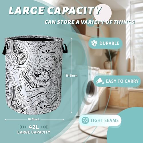 Marble Texture Laundry Basket Oxford Cloth Foldable Hamper 18.9x16.5 Inch - color: Black and White Marble Texture