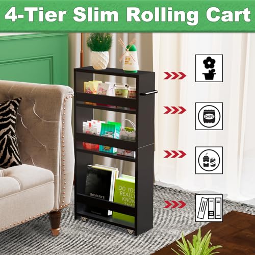 MARTY Slim Rolling Storage Cart, Wood Utility Kitchen Bathroom Laundry Cart - color: All Black, size: 5.51"D x 15.75"W x 31.5"H