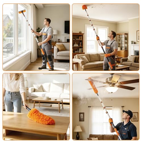 20FT High Reach Duster Cleaning Kit with 3-12FT Extension Pole, 4-in-1 Ceiling Fan Duster, Cobweb Remover, Bendable Feather Duster & Window Squeegee for High Ceilings, Walls and Outdoor Cleaning