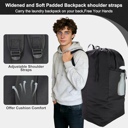 Laundry Bag Backpack, Soft Padded Straps & Drawstring, Black, XX-Large - color: Black, size: XX-Large