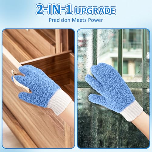 MIG4U Microfiber Dusting Gloves House Cleaning Glove for Blinds, Windows, Shutters, Furniture, and Car, Reusable Lint-Free Blue 2 Pairs S/M - color: Blue Mitten + Gloves