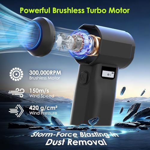 Electric Compressed Air Duster, 300,000RPM Cordless Air Blower for Dust Removal, Duster/Vacuum 2-in-1 with 10 Speeds, 20000mAh Rechargeable & 4 Nozzles Dust Blower for PC, Keyboard, Car, Outdoor - color: Black