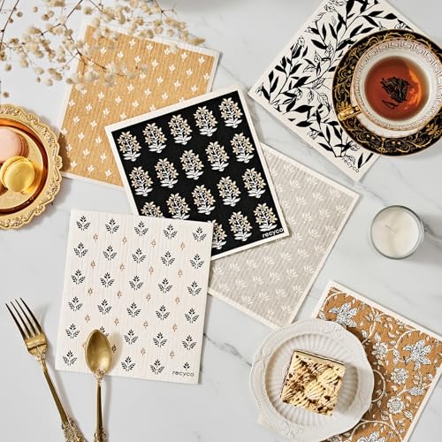 RECYCO Swedish Dishcloths for Kitchen | 6 Pack Heritage Florals Neutral Washable Dish Rags | Cellulose Reusable Cleaning Paper Towels | Absorbent Counter Dish Cloth Sponge Kitchen Wipes, 8" L x 7" W - color: Heritage Florals Neutral - 6 Pack