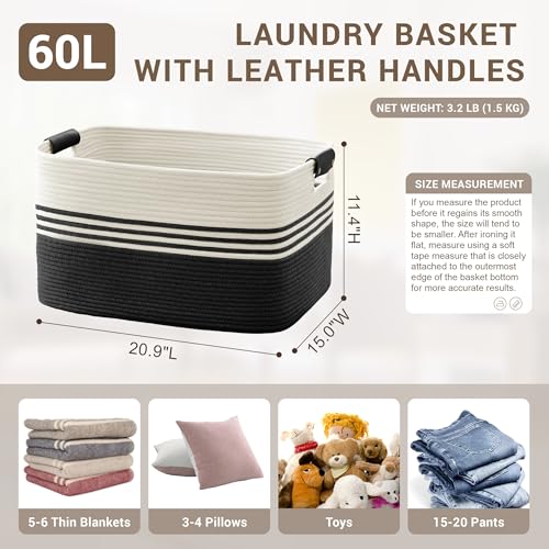 60L Woven Laundry Basket Hamper with Leather Handles,Black - color: Black, size: 60L