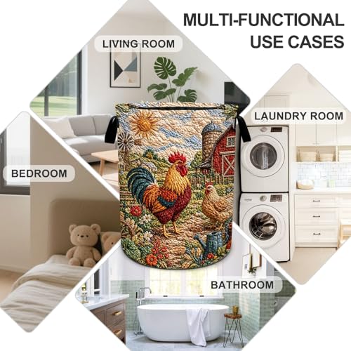 Rooster Print Laundry Basket Foldable Oxford Laundry Hamper With Handle For Room Bathroom Bedroom - color: Rooster