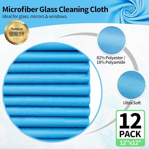 Microfiber Glass Cleaning Cloth, 12 Pack Window Glass Cleaning Rags, Reusable Lint-Free Streak Free Polishing Cloth Wipes for Stainless Steel, Eyeglasses, Mirrors, Screens & Lenses,12" 12" - color: Blue, size: 12" x 12"