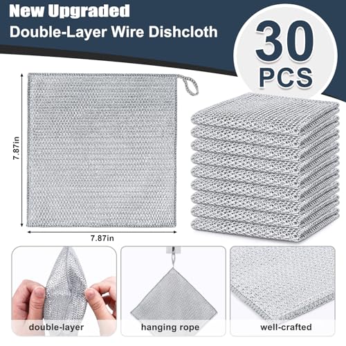 Navona 30 Pcs New Upgrade Steel Wire Dishcloth,Double-Layer Steel Wire Cleaning Cloth,Powerful Cleaning Non-Scratch Wire Dishcloth Rag for Cookware, Sinks, Dishes, Stove Tops - color: 30-pack(double Layer)