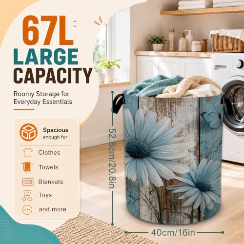 Daisy Butterfly Laundry Basket,Vintage Wood Panel Foldable Oxford Laundry Hamper with Handles,Collapsible Clothes Storage Basket for Bedroom,Bathroom,or Laundry Room,20.8 x 16 Inches - color: Daisy Butterfly Vintage Wood Panel