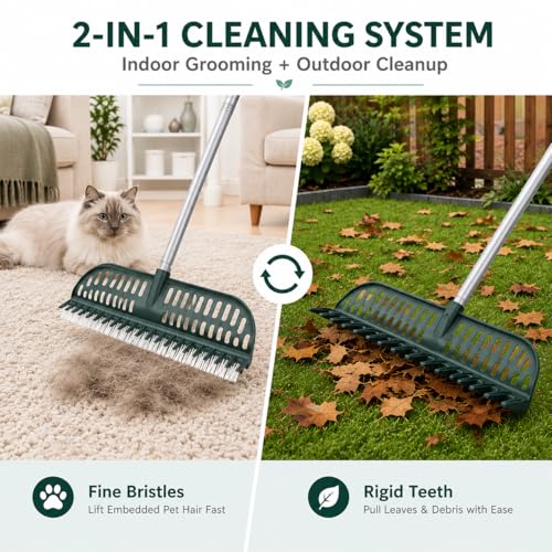 STEPHANIE Artificial Turf Rake , Artificial Grass, Carpet Rake for Pet Hair, 43" to 63" Adjustable Lawn Rake with Stainless Steel Handle, Dual-Sided Turf Brush for Leaves, Debris & Rugs Indoor Outdoor