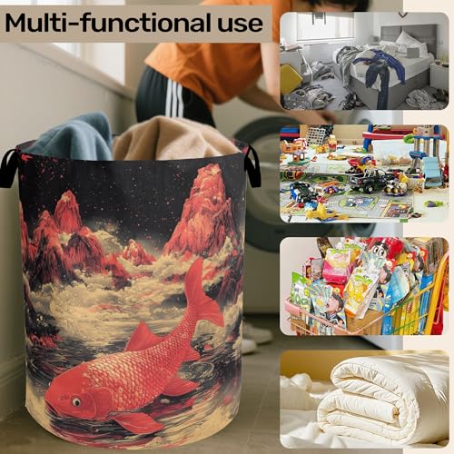 Japanese Style Red Fish Laundry Basket - Heavy Duty 60L Dirty Clothes Organizer, Water Resistant Foldable Hamper for Men Women - color: Japanese Style Red Fish