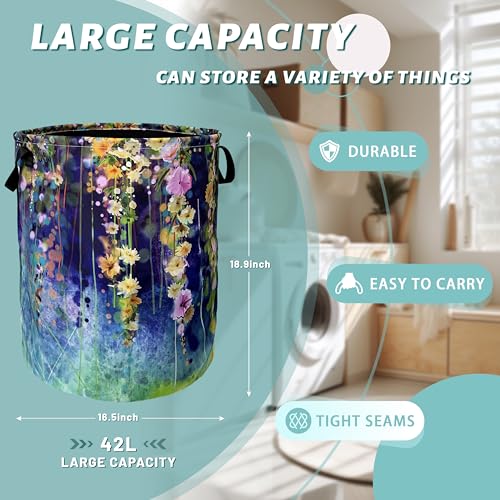 Blue Green Floral Laundry Basket Oxford Cloth Foldable Hamper 18.9x16.5Inch - color: Watercolor Blue Green Floral