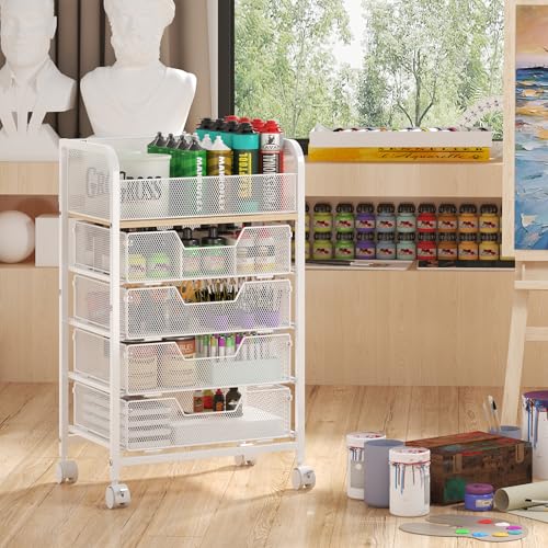 5-Tier Craft Organizer Cart with Wheels,Craft Organizers and Storage with Drawers,Lockable Wheels Rolling Utility Cart with DIY Divider,Office Supply Organizer,Ideal for Studio,Office Patent Pending - color: White, size: 4 Tier Drawers