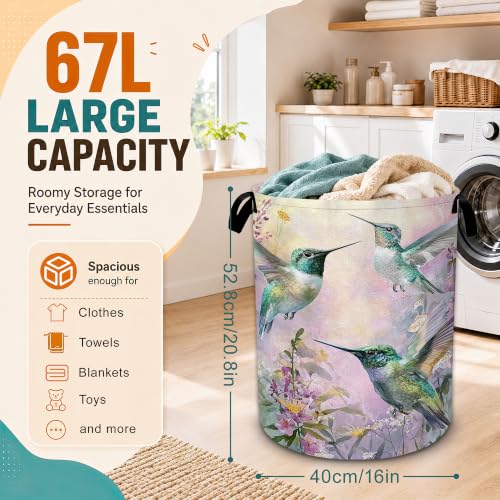 Hummingbird Laundry Basket with Handles,Purple Flower Foldable Oxford Laundry Hamper,Collapsible Clothes Storage Basket for Laundry Room/Bathroom/Bedroom/Dormitories 20.8 x 16 Inches - color: Hummingbird Purple Flower