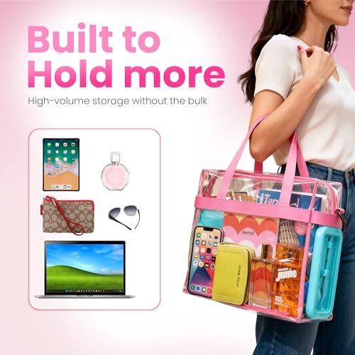 Handy Laundry Clear Bag 12x6x12 Stadium Approved Tote, Zipper Strap - color: Pink