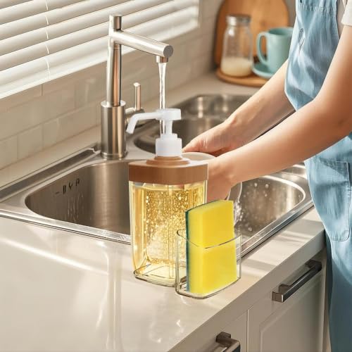 Kitchen Soap Dispenser with Sponge Holder, 800ml Large Capacity Dish Soap Dispenser Caddy, Shatterproof & Rustproof Sink Organizer with Extended Tube, Removable Caddy - Free Funnel Included (Black) - color: Black