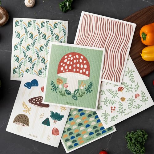 RECYCO Swedish Dishcloths for Kitchen | 6 Packs Forest Mushroom Washable Dish Rags | Cellulose Reusable Cleaning Paper Towels | Absorbent Counter Dish Cloth Sponge Kitchen Wipes, 8" L x 7" W - color: Forest Mushroom - 6 Pack