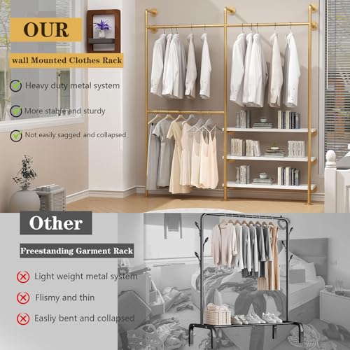 HOMEKAYT Industrial Pipe Clothes Rack with Shelves, Gold Clothing Rack Wall Mounted Heavy Duty Multi-Purpose Storage Clothes Hanging Shelf - 70.8''L Gold - color: gold, size: 70.8''L-B
