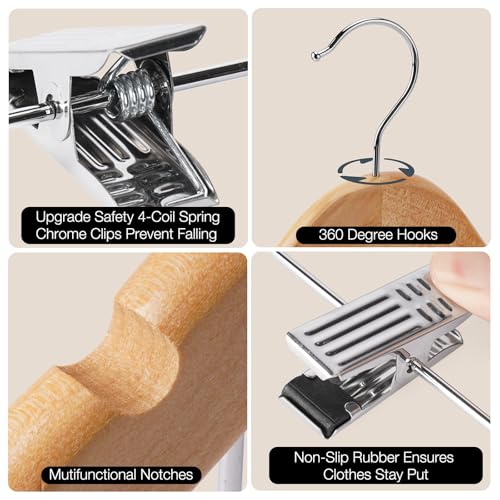 Wooden Hangers with Clips 12 PCS Pants Hangers with Clips,Smooth Solid Wooden Pants Hanger,360 Swivel Hooks & Adjustable Clips,for Jeans,Skirt,Suit,Shorts,Scarf - color: Nnatural