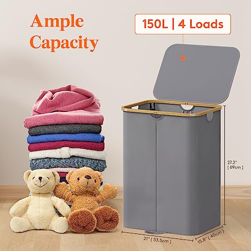 Lifewit 150L Double Laundry Hamper with Lid and Removable Bag, Gray - color: Charcoal Gray, size: 150L