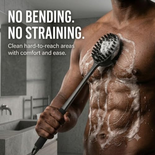 Silicone Back Scrubber for Shower, 17" Long Handle Body Brush, Black - color: Black