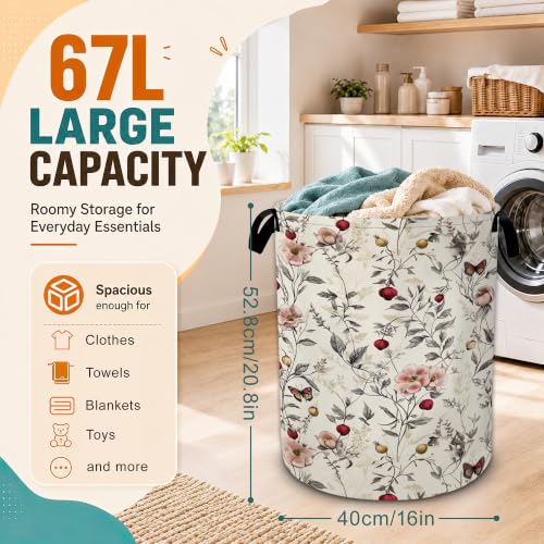 Vintage Pink Floral Butterfly Laundry Basket,Foldable Oxford Laundry Hamper with Handles,Portable Clothes Tote Bag Clothes Storage Bucket Organizer 20.8" x16" For Bathroom/Laundry Storage/Bedroom - color: Vintage Pink Floral Butterfly