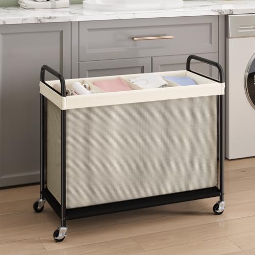 ELYKEN Laundry Hamper 4 Section, 140L Rolling Laundry Sorter with Wheels - color: Beige, size: 4-Section